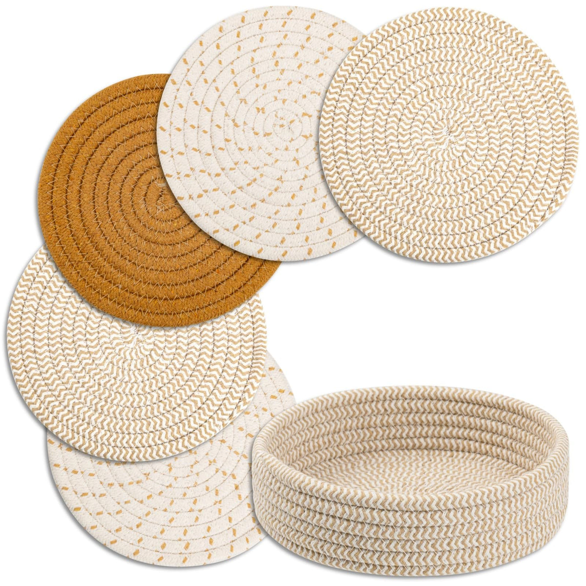 Dakartoon trivets protect surfaces under hot dishes on a wooden counter.