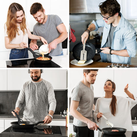 DAKRAJ kitchen setup with egg flipping and grilling tools in use
