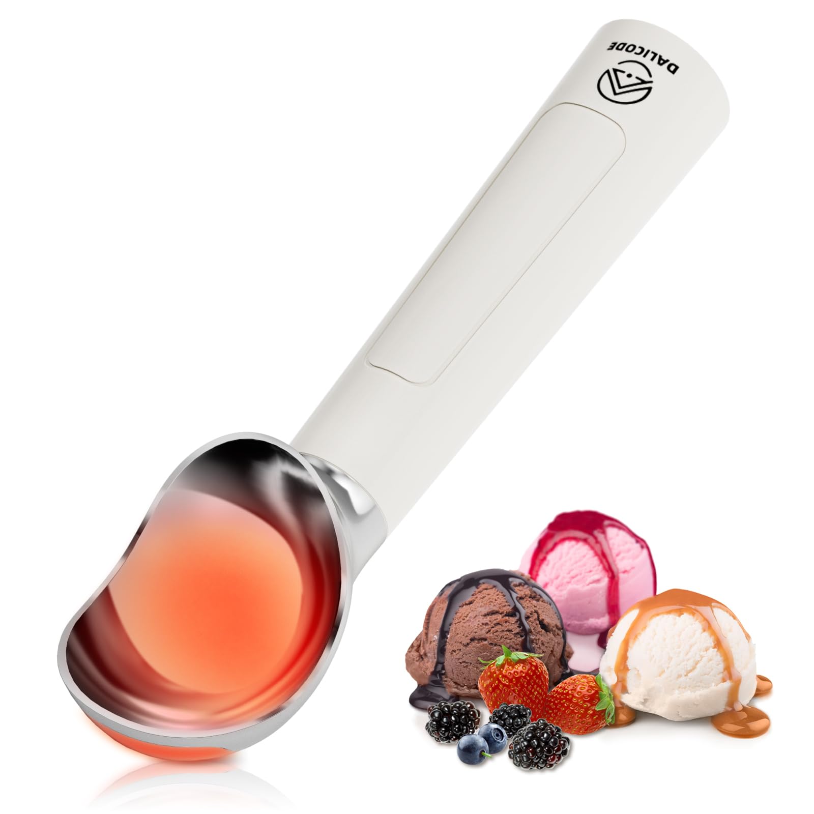 Dalicode heated ice cream scoop showing rapid heating for hard ice cream.