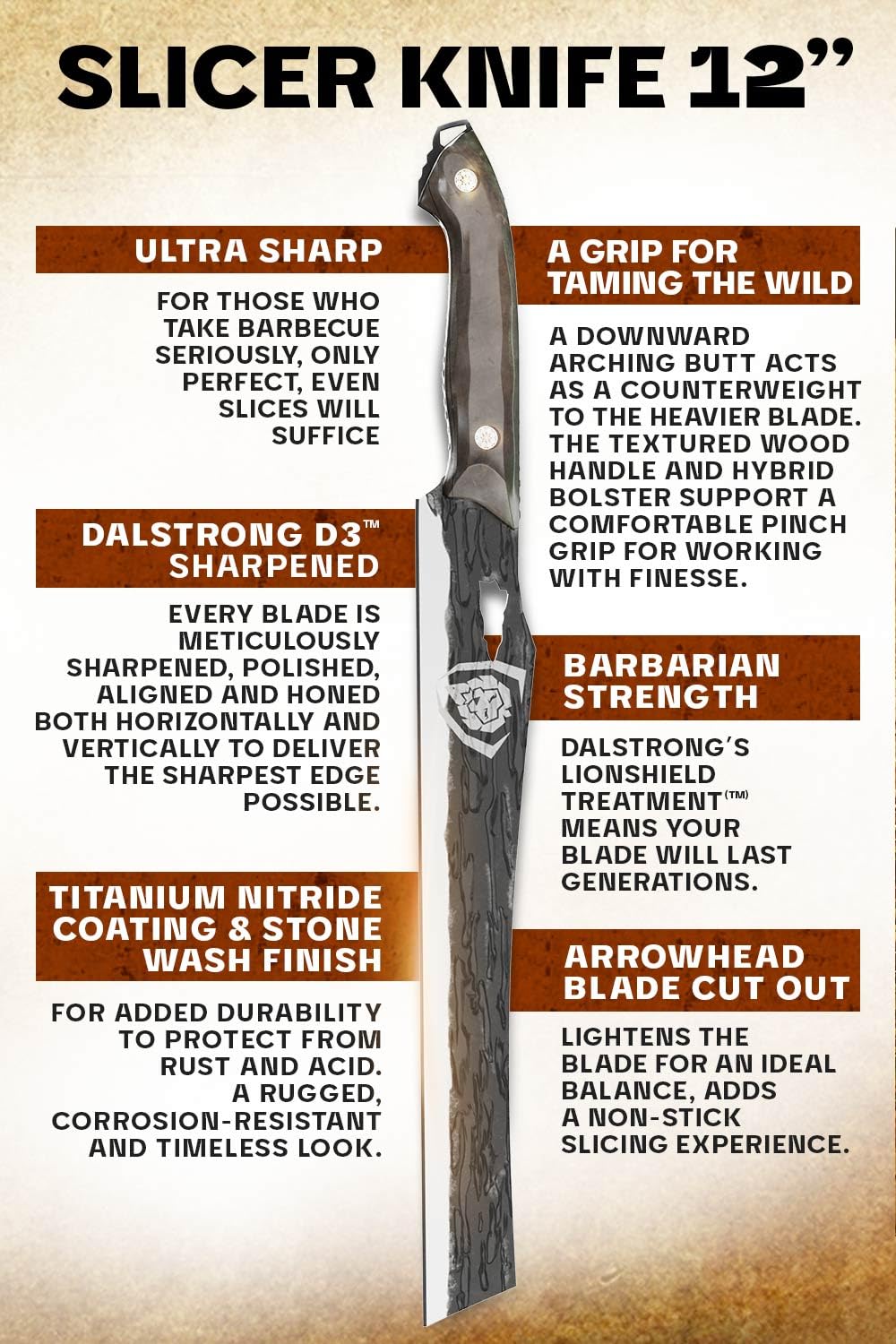 Dalstrong Barbarian blade with arrowhead cutout for lighter handling