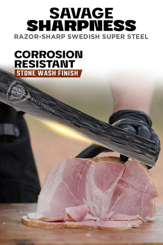Dalstrong Barbarian 12-inch knife Battle Scar pattern reduces friction