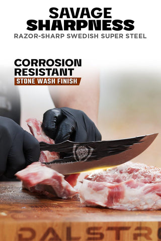 Dalstrong Barbarian 8-inch knife full blade profile highlighting Swedish steel