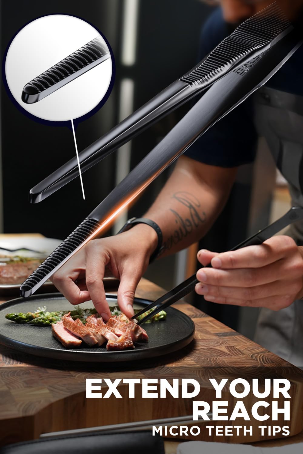 Dalstrong tweezers ideal for BBQ and precise plating tasks.