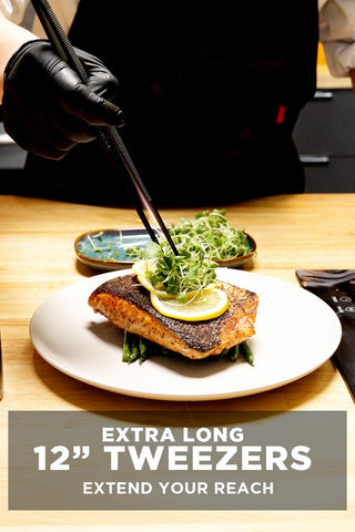 Dalstrong tweezers with micro teeth tips secure delicate garnishes.