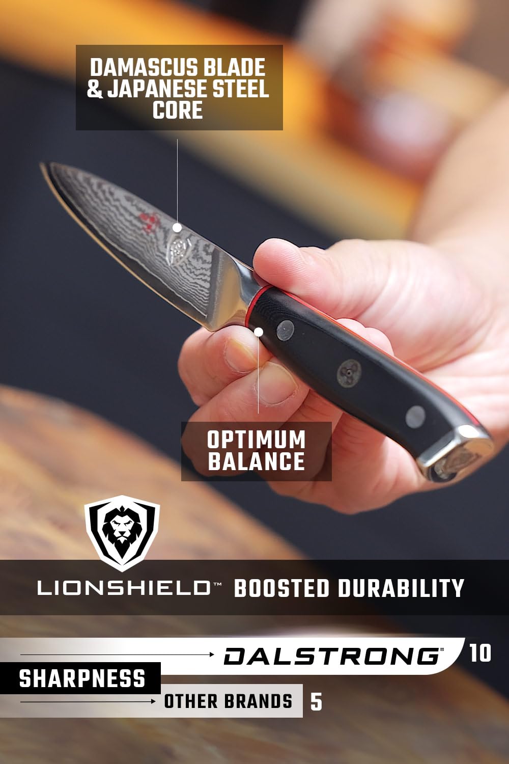 Dalstrong full tang and triple rivets ensure robust balance during prep work