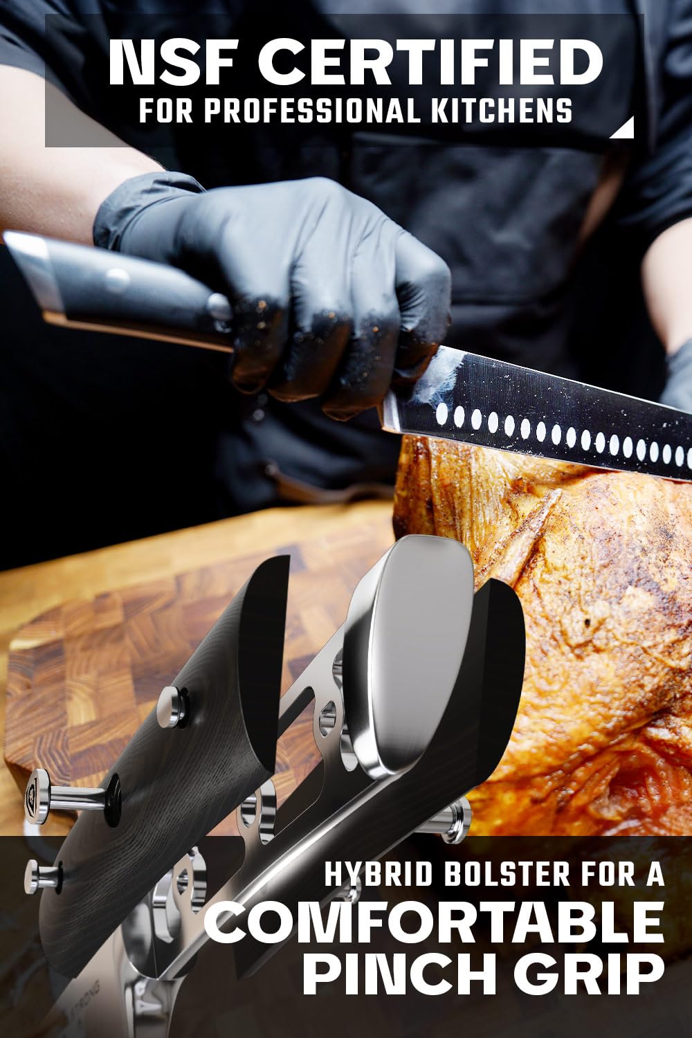 Dalstrong G10 handle ergonomic design for ambidextrous comfort in busy kitchens.