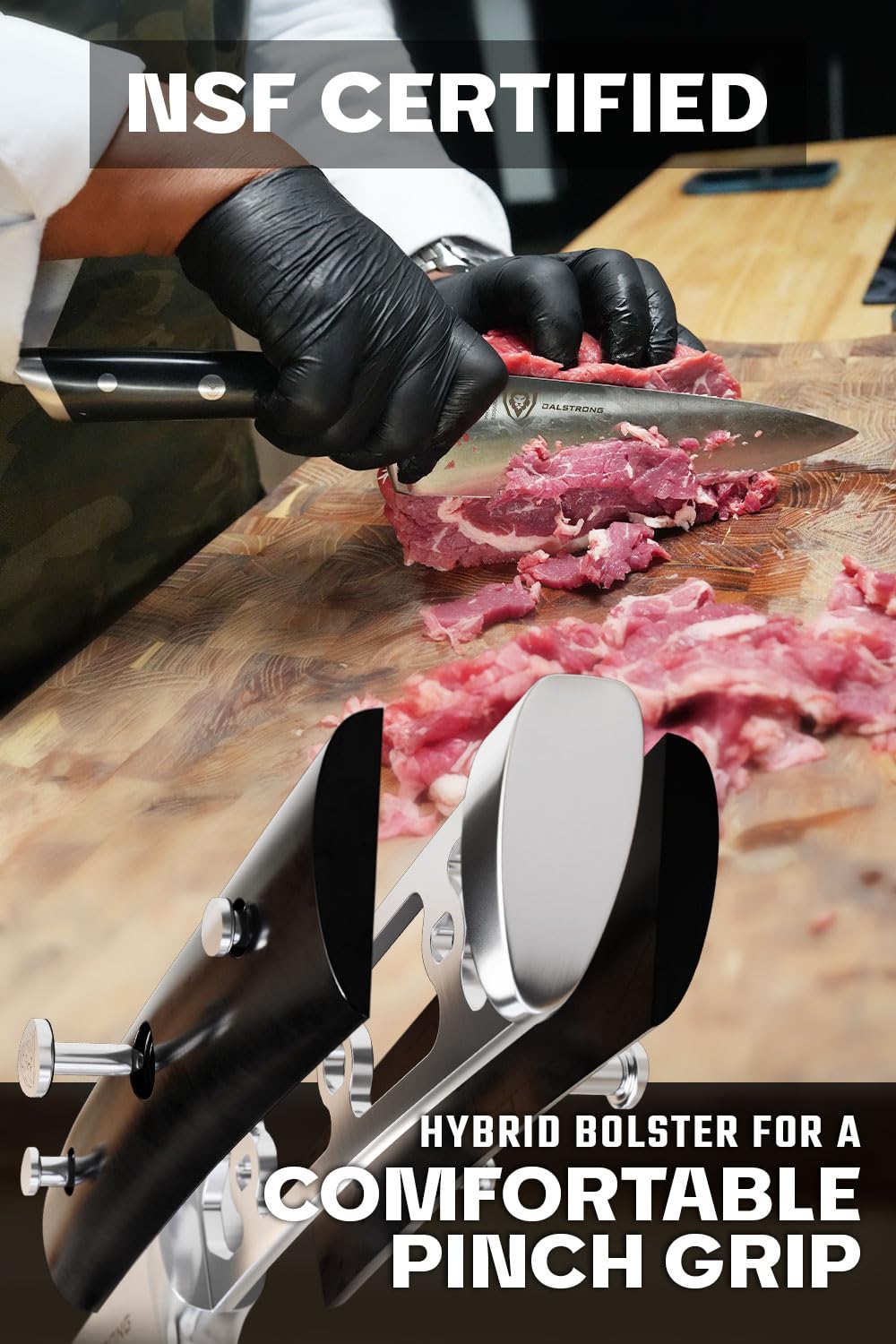 Dalstrong Gladiator 56+ hardness blades stay sharp longer for busy kitchens.