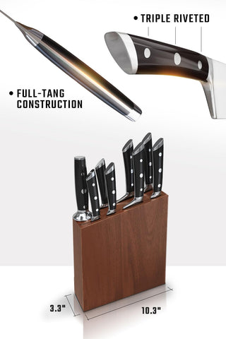 Dalstrong Gladiator acacia block keeps knives safely organized and protected.