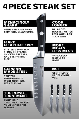 Dalstrong Gladiator Elite knife in action slicing steak.