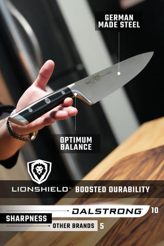 Dalstrong Gladiator tapered blades reduce resistance for clean, precise slices.
