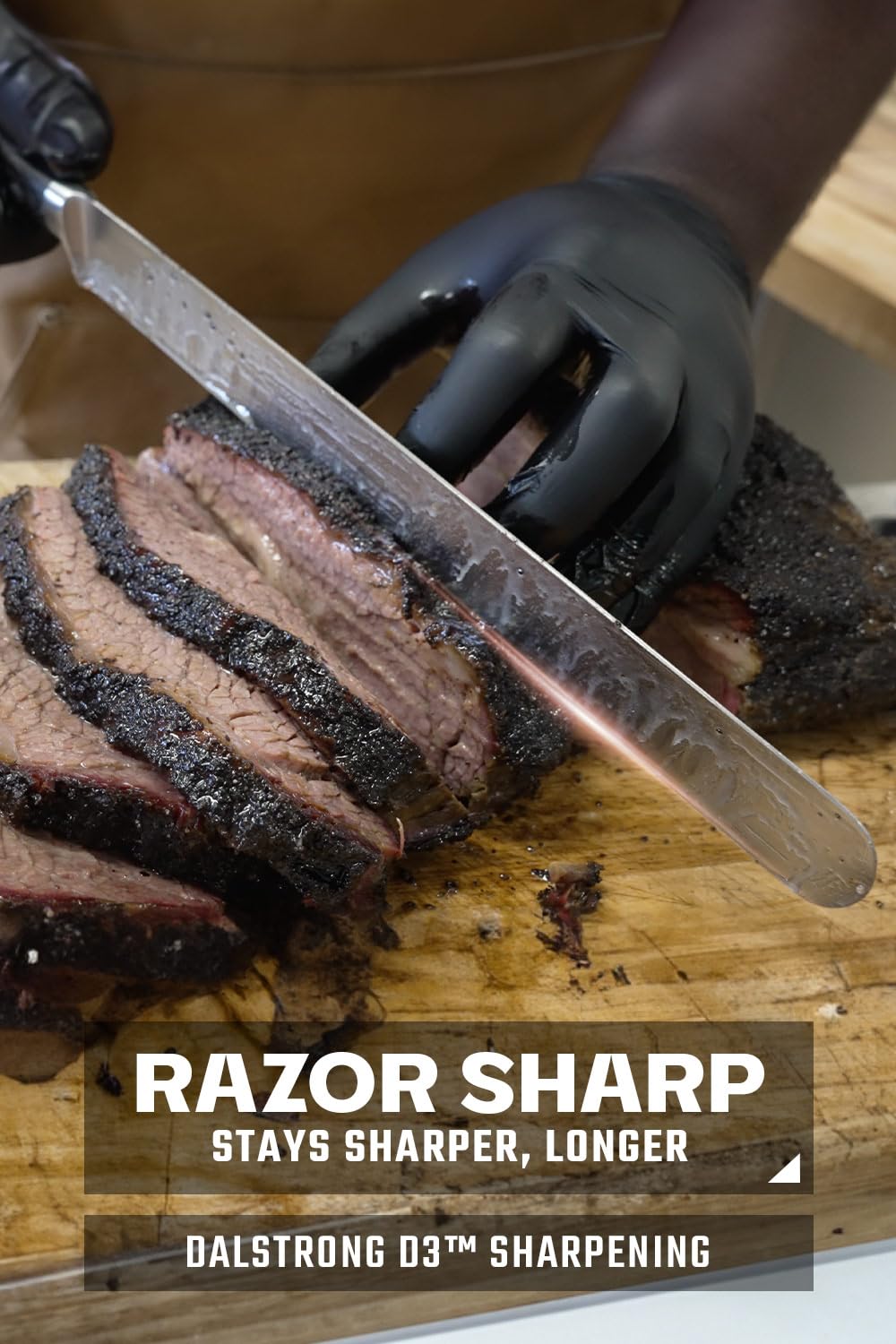 Dalstrong Gladiator Elite slicer featuring Granton edge for clean cuts.