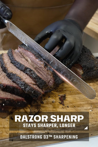 Dalstrong Gladiator Elite slicer featuring Granton edge for clean cuts.