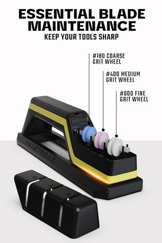 Dalstrong Hornet sharpener 600 fine ceramic wheel polishes to a razor finish