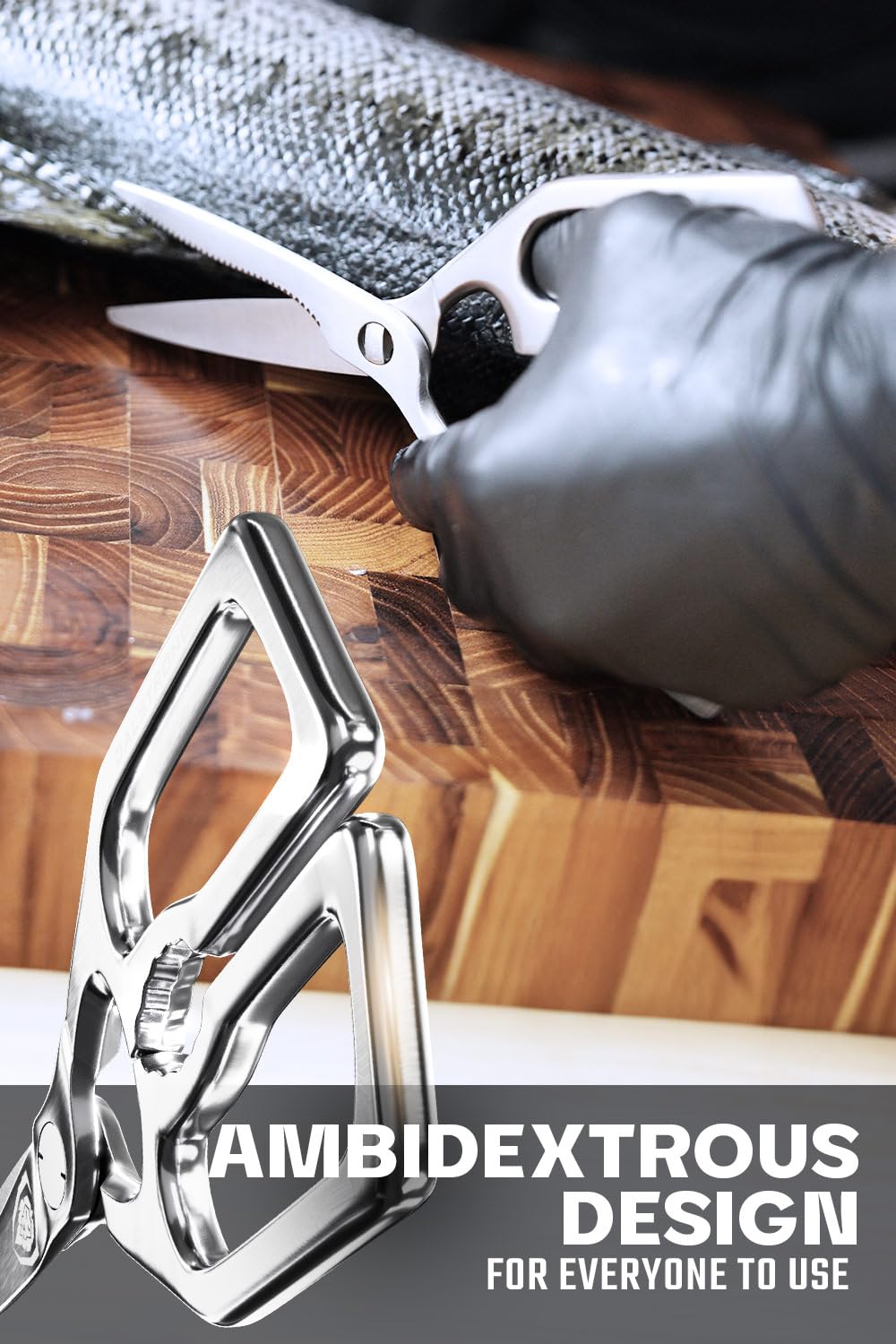 Dalstrong kitchen scissors cracking nutshells with built-in shell cracker.