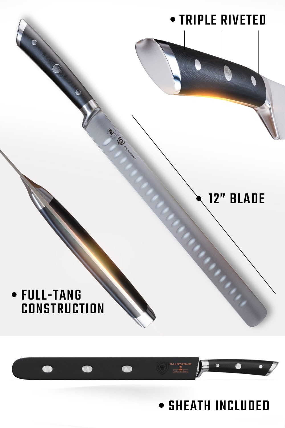 Dalstrong knife with sheath offers secure storage and gifting readiness.