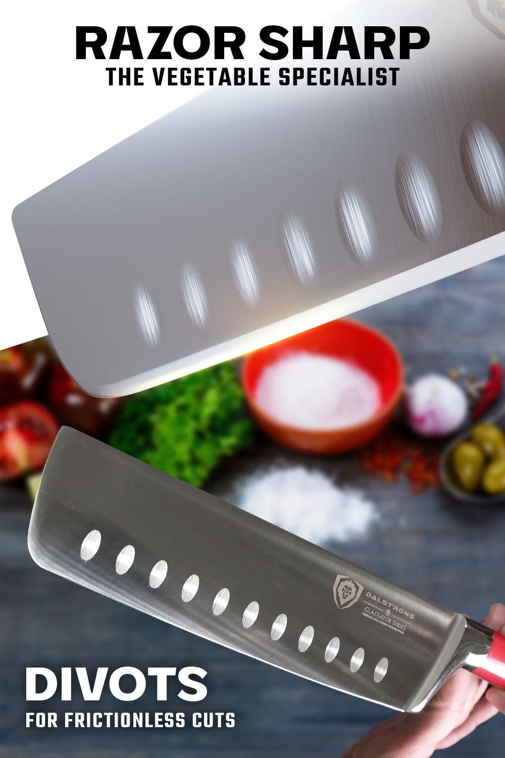 Dalstrong Nakiri 7in Gladiator handle crimson ABS for comfortable grip.