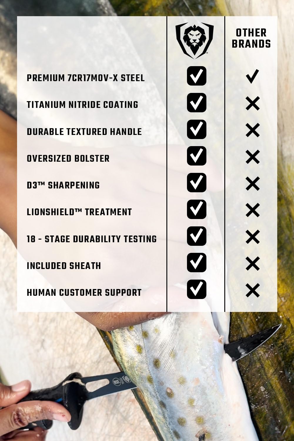 Dalstrong Night Shark blade close-up highlighting stain resistance and easy cleaning.