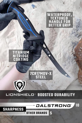 Dalstrong Night Shark ergonomic handle with shark-skin texture for secure grip.