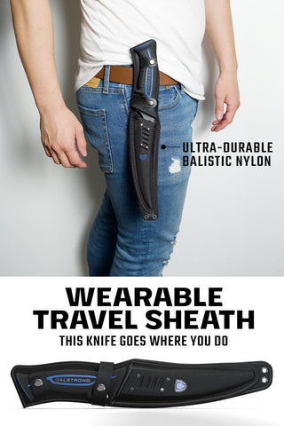 Dalstrong Night Shark sheath shown for belt or backpack attachment.