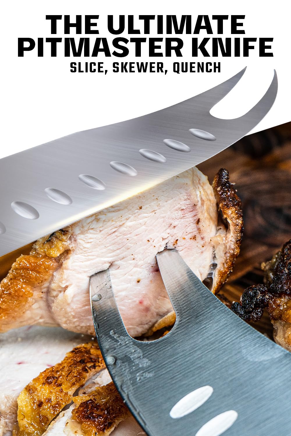 Dalstrong Pitmaster blade edge closeup highlighting razor sharpness for clean slicing
