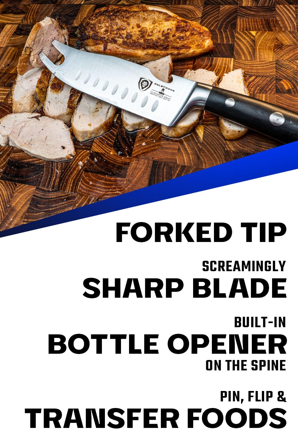 Dalstrong Pitmaster forked tip in action flipping meat with precision