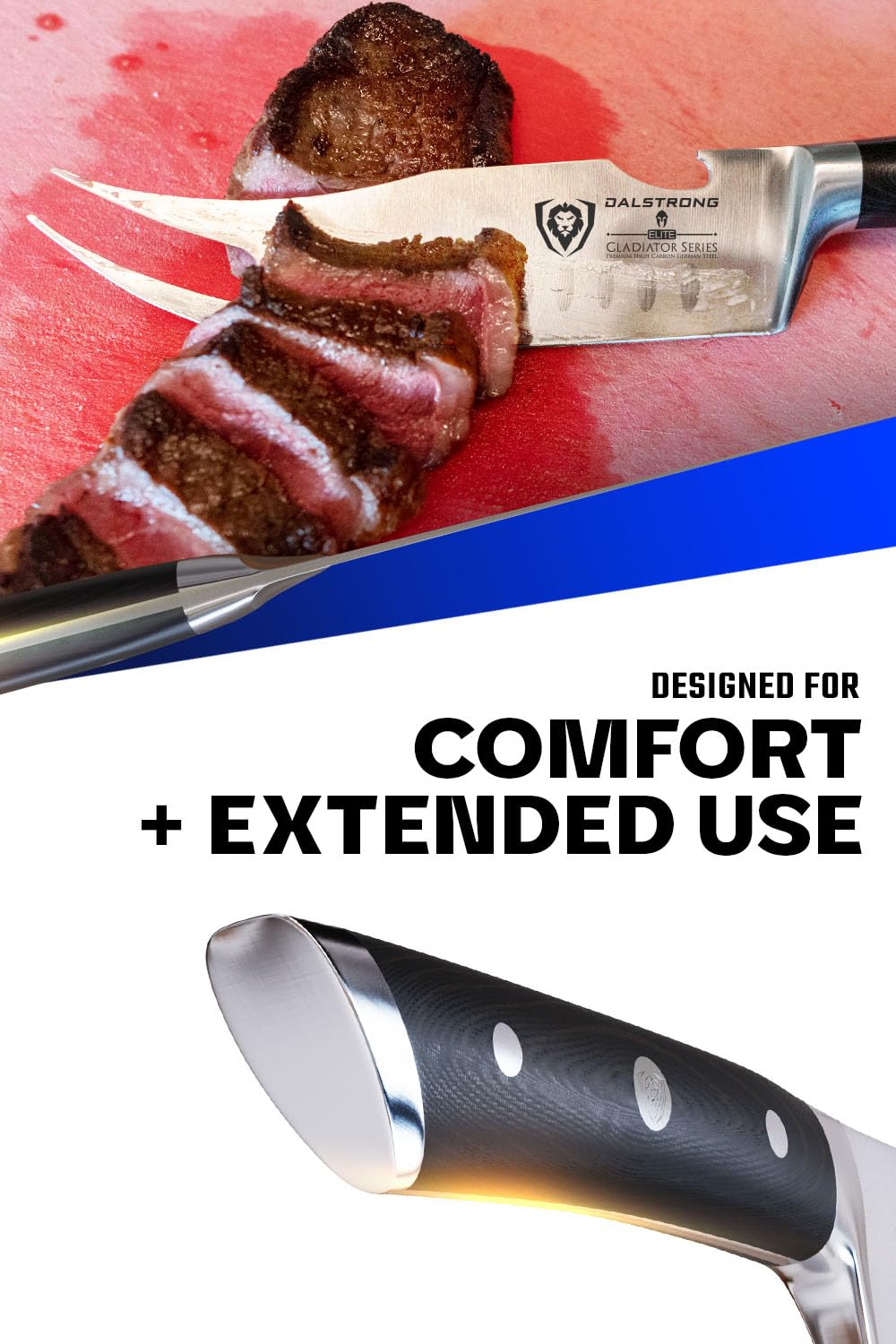 Dalstrong Pitmaster G10 handle closeup emphasizing durable, comfortable grip