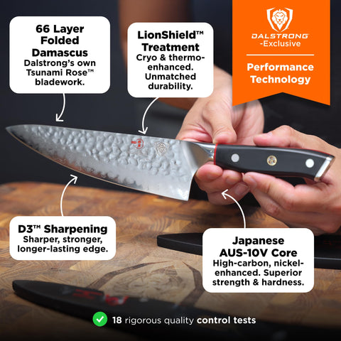Dalstrong Shogun Elite 8-inch AUS-10V core delivers strong edge retention.