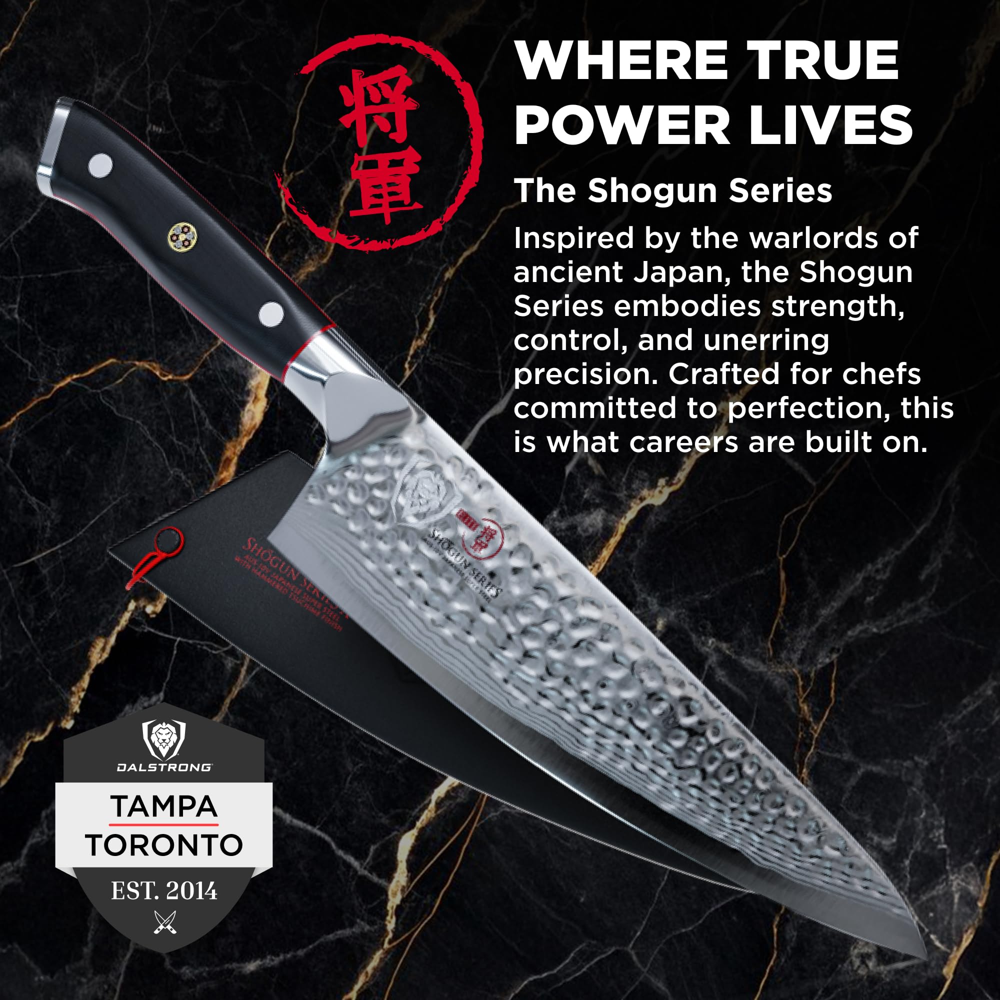 Dalstrong sheath protects the knife and keeps it safe between uses.