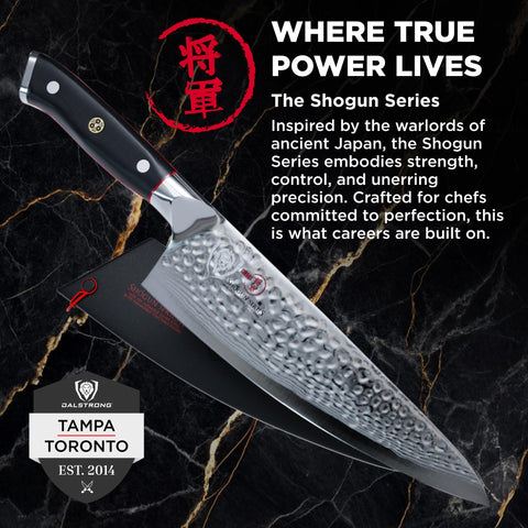 Dalstrong sheath protects the knife and keeps it safe between uses.