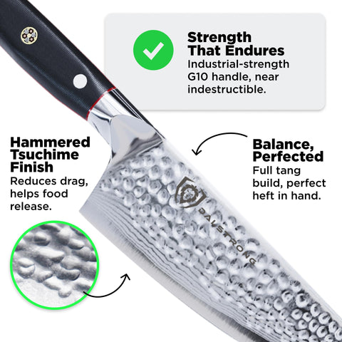 Dalstrong Shogun Elite G10 handle with triple rivets provides secure grip.
