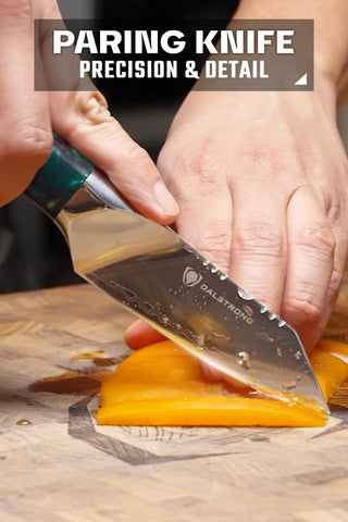 Dalstrong Valhalla 4-inch paring knife celestial-resin-handle close-up for premium grip