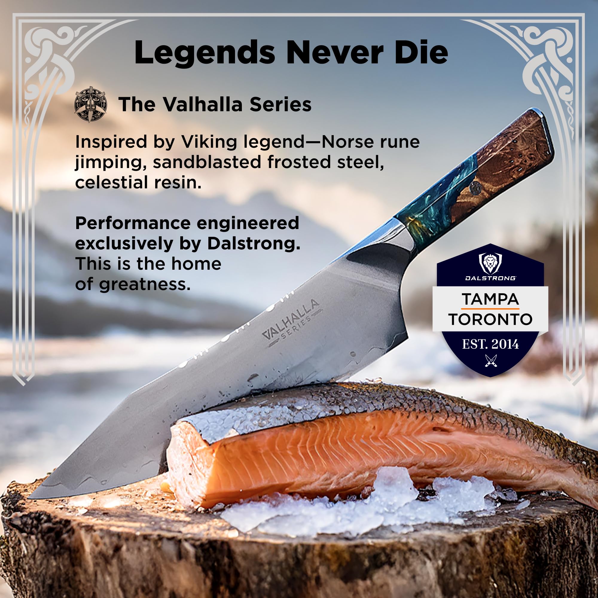 Dalstrong Valhalla 8-inch knife on cutting board ready for prep.