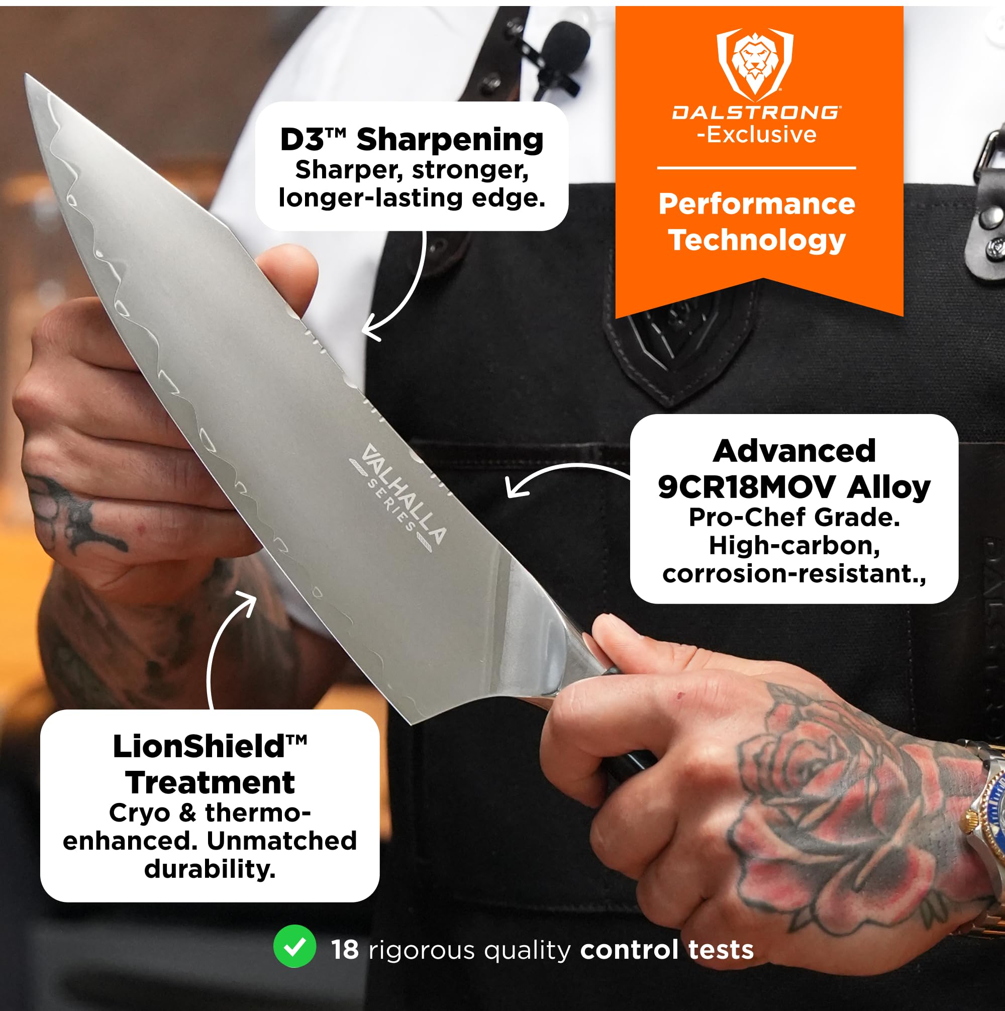 Dalstrong Valhalla 8-inch knife handle and bolster show sturdy balance.