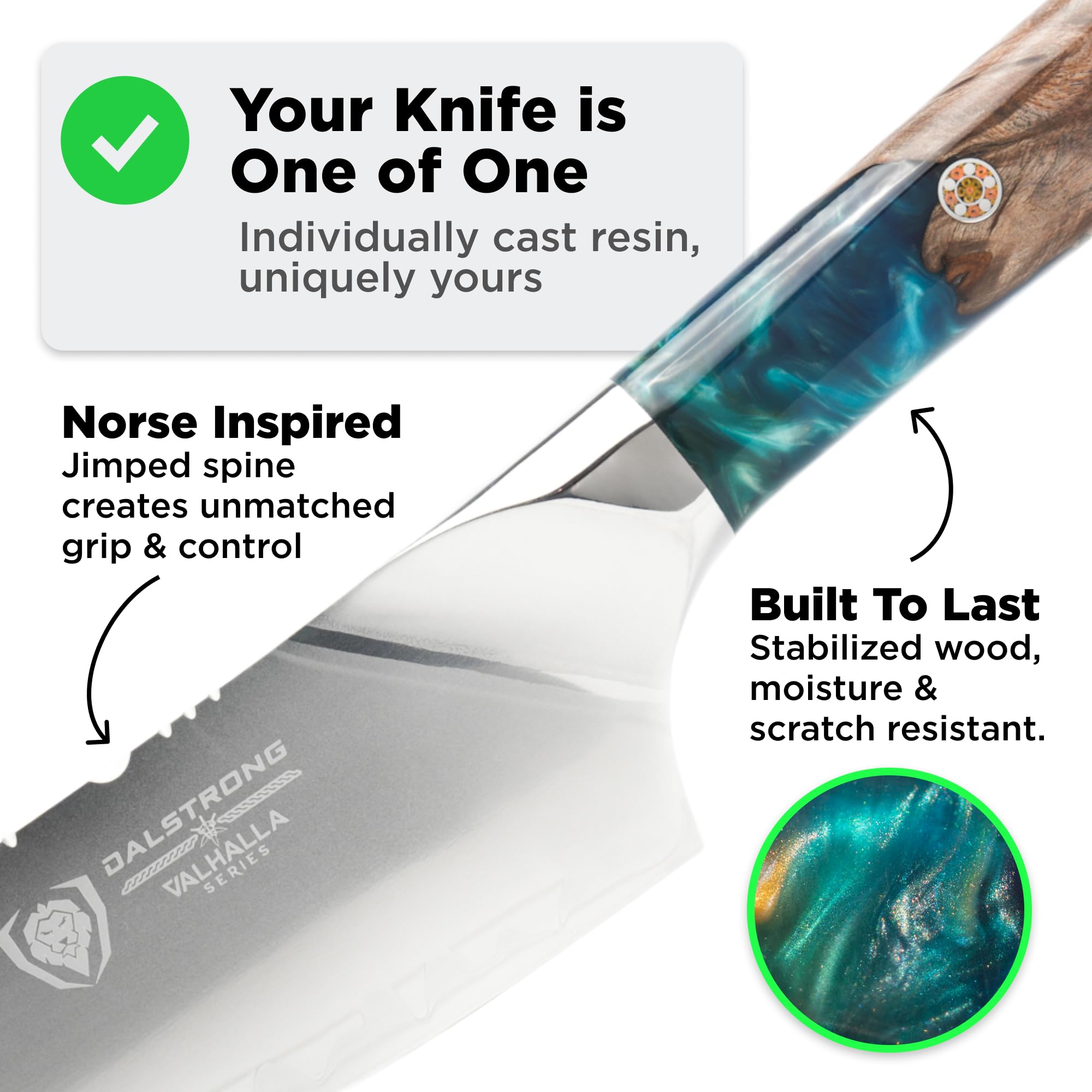 Dalstrong Valhalla 8-inch knife with leather sheath for safe storage.