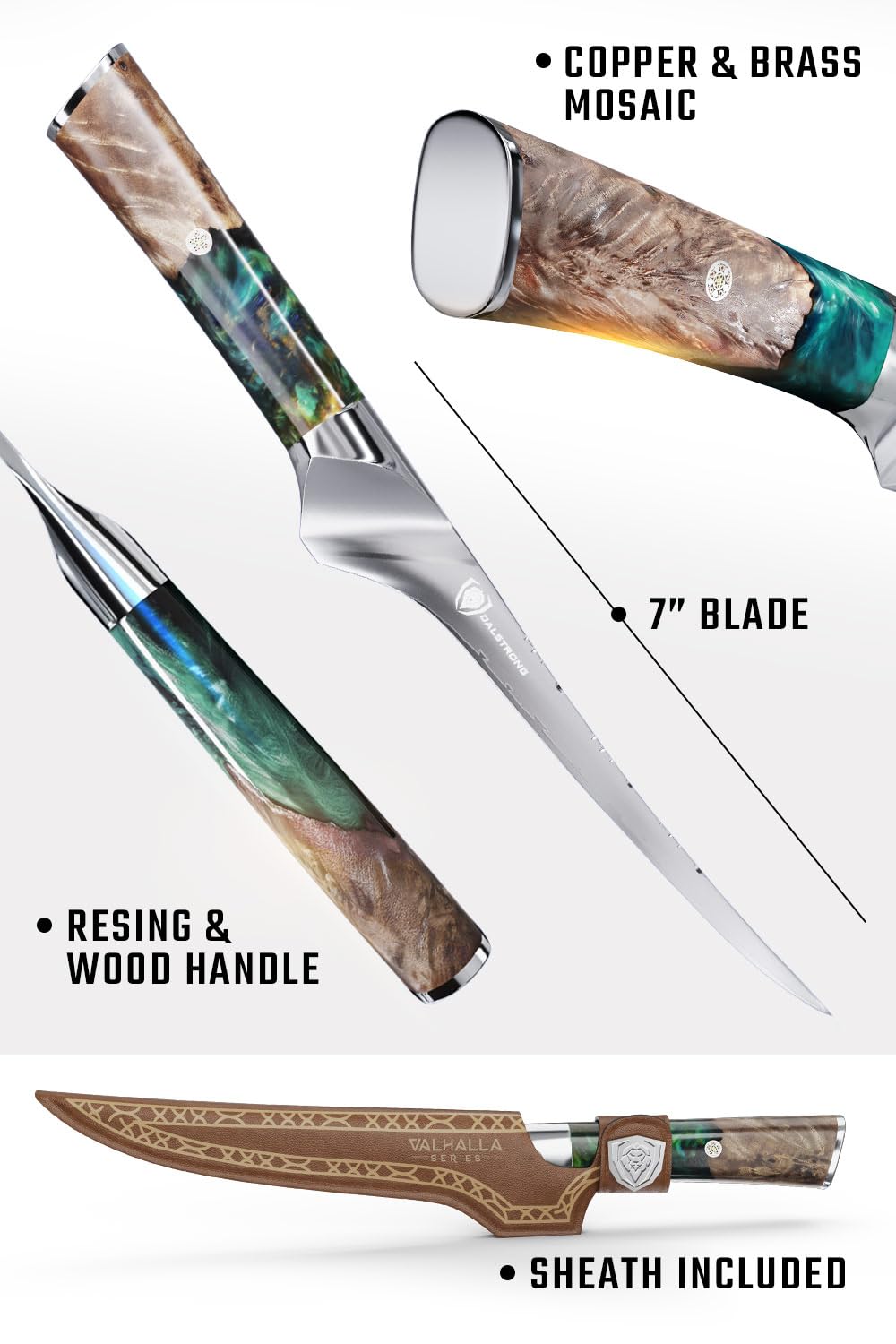 High-carbon steel full-tang blade of the Dalstrong Valhalla for durability.