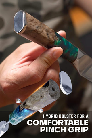 Stainless steel bolster on Dalstrong Valhalla knife for durability and balance
