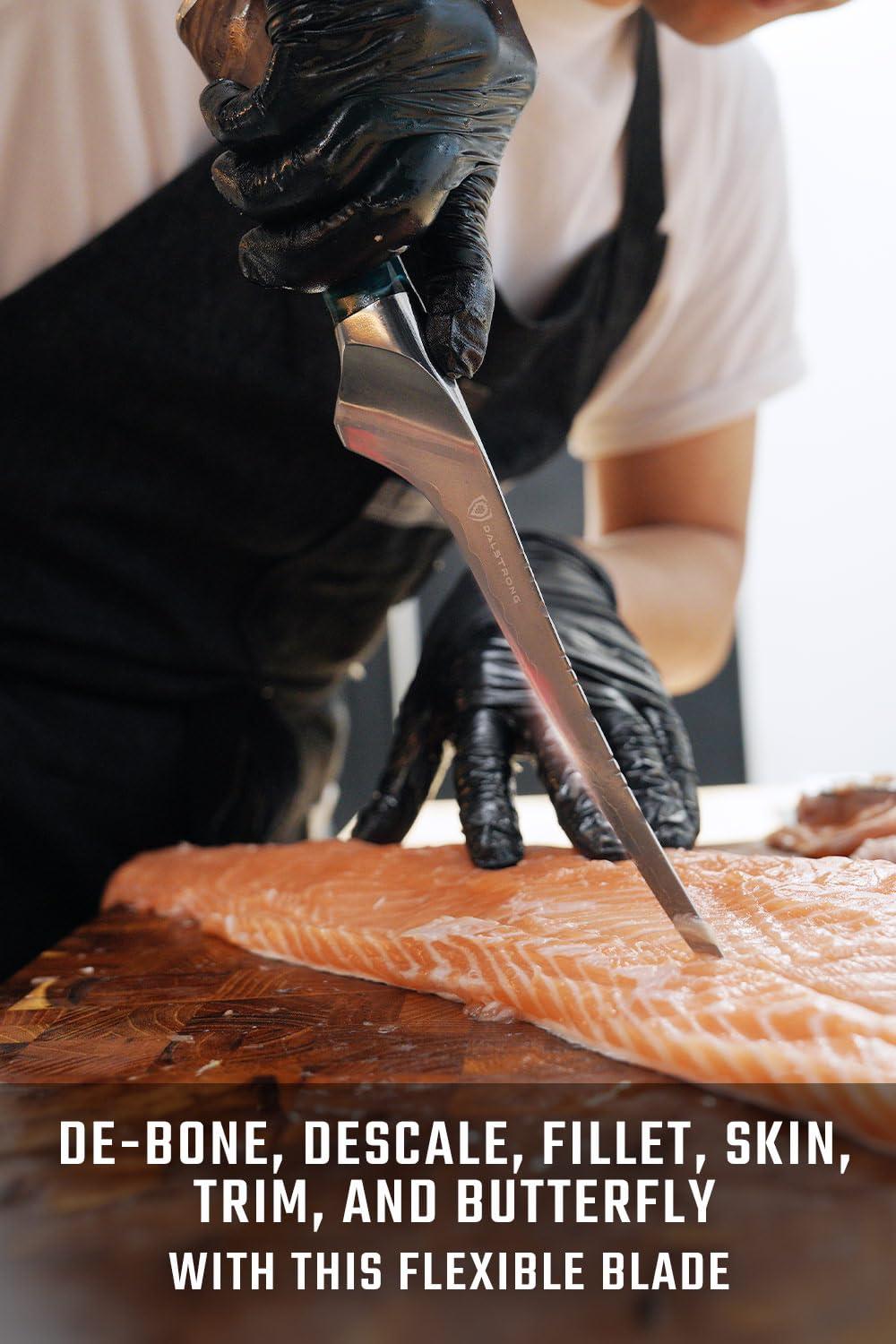 Tapered point detail on the Dalstrong Valhalla fillet knife for precise bone work.