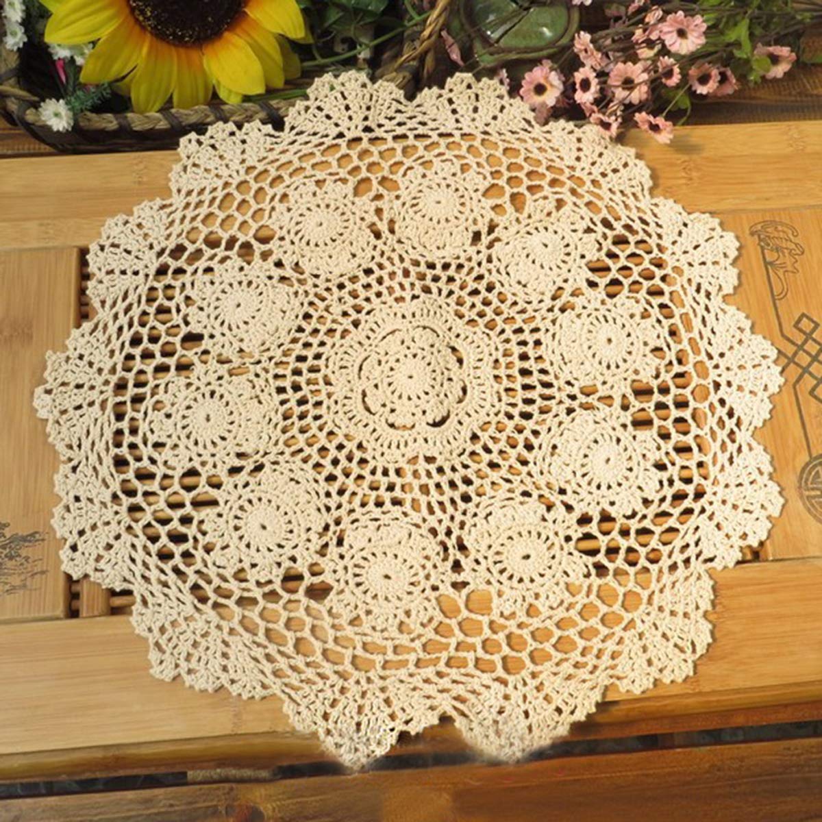 Damanni beige cotton crochet round tablecloth 16 inch set for elegant dining