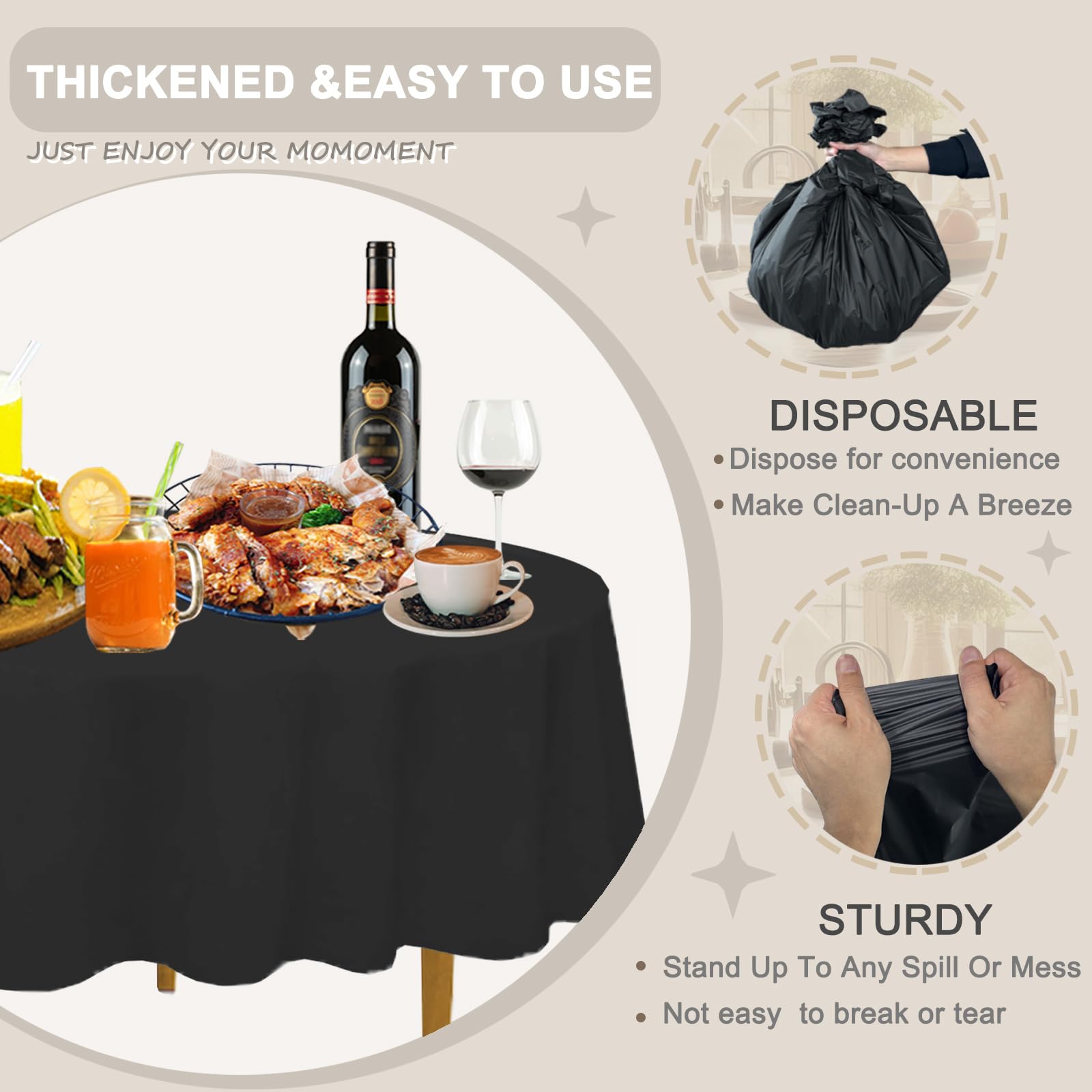 D&Z round black tablecloth used for indoor and outdoor events