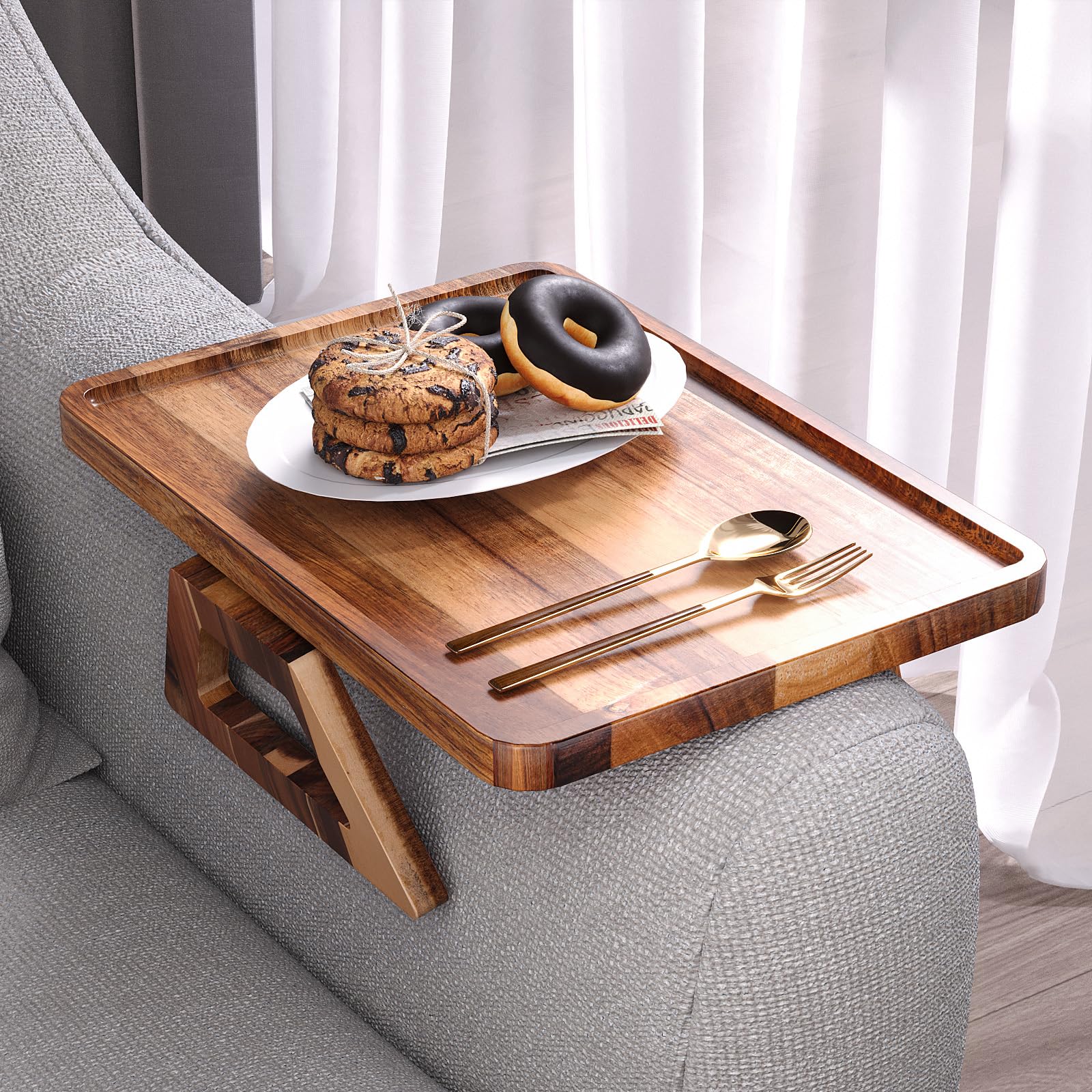 Danfoxer arm tray clip-on securely attaches to sofa arm for snacks.
