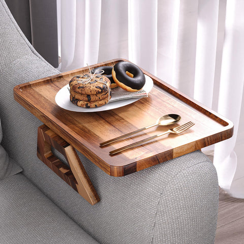 Danfoxer arm tray clip-on securely attaches to sofa arm for snacks.