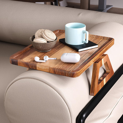 Danfoxer acacia wood tray shows sturdy load-bearing for cups and remotes.