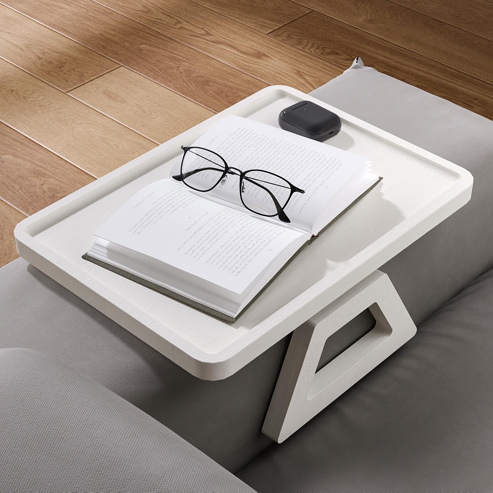 Danfoxer bamboo sofa tray with natural wood grain enhances space and style.