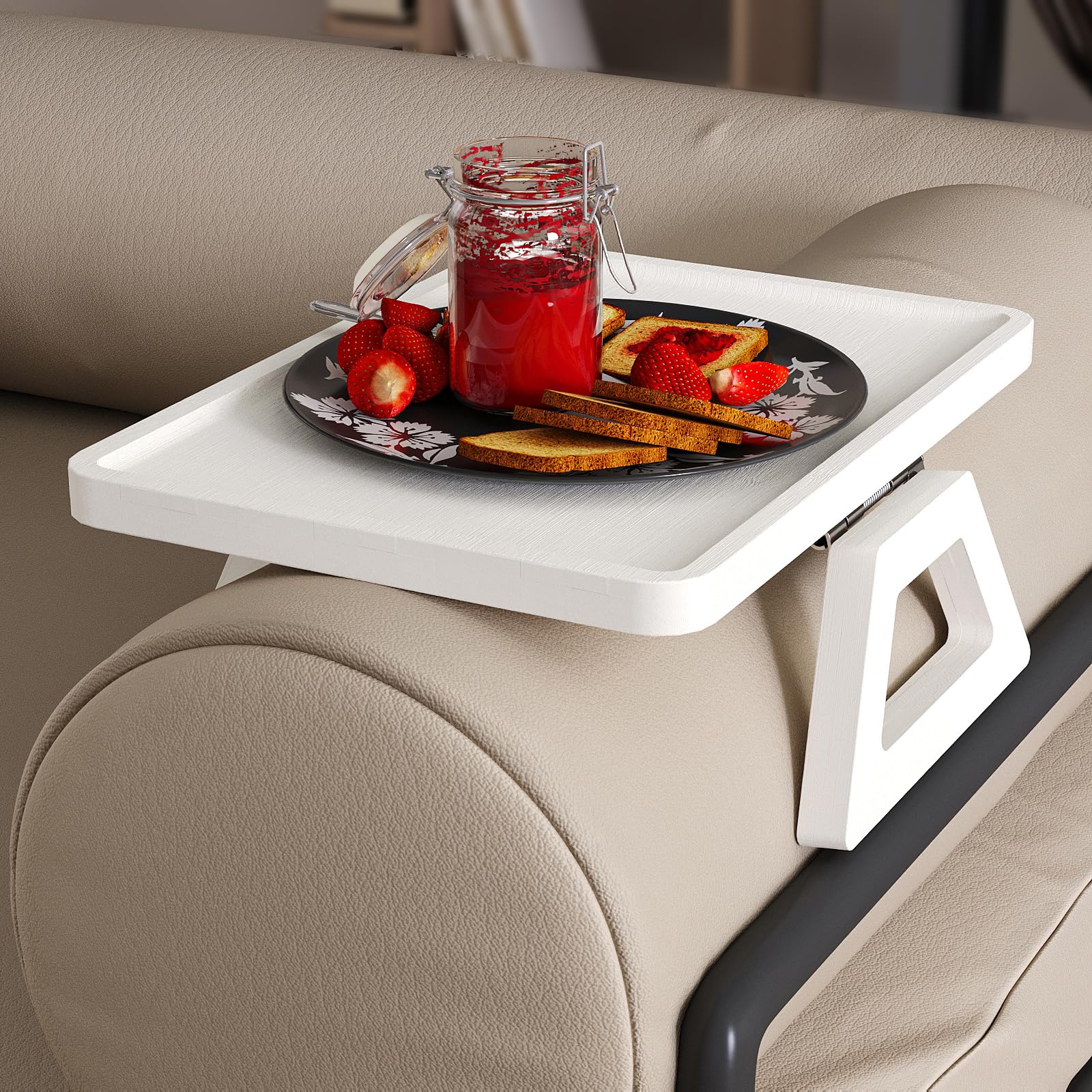 Danfoxer tray keeps remotes, cups, and phones within reach.