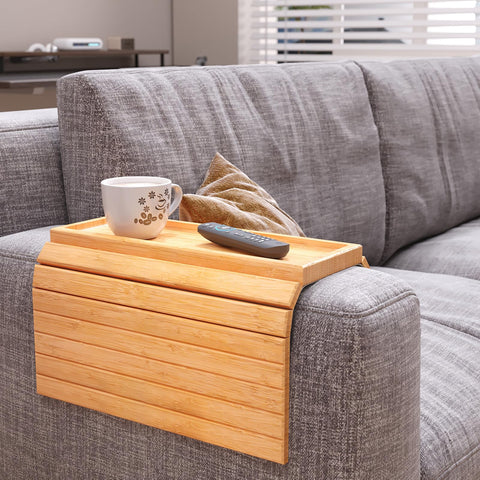 Danfoxer bamboo arm tray with anti-slip rim keeps beverages stable.