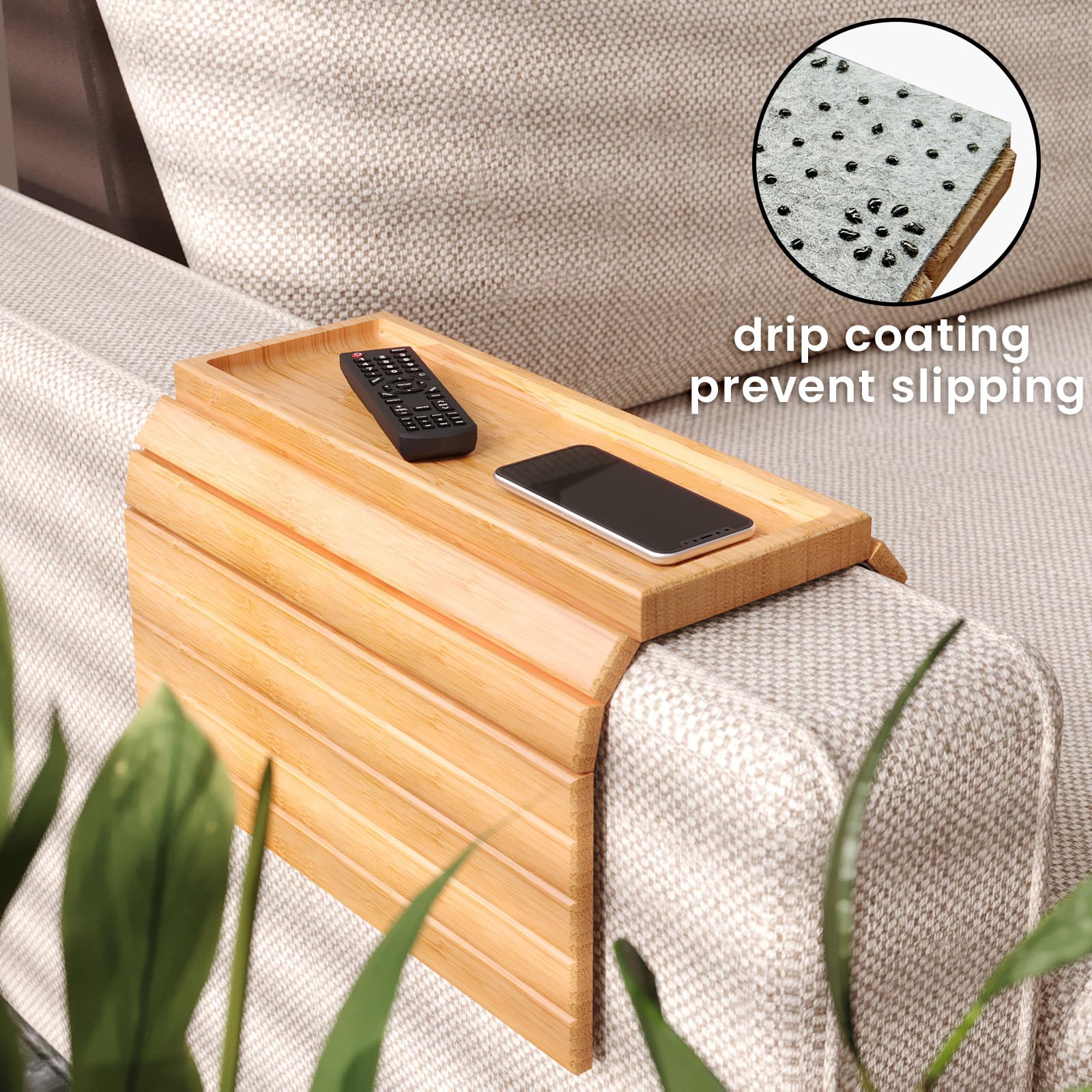 Danfoxer arm tray fits most sofas, hugging the armrests securely.