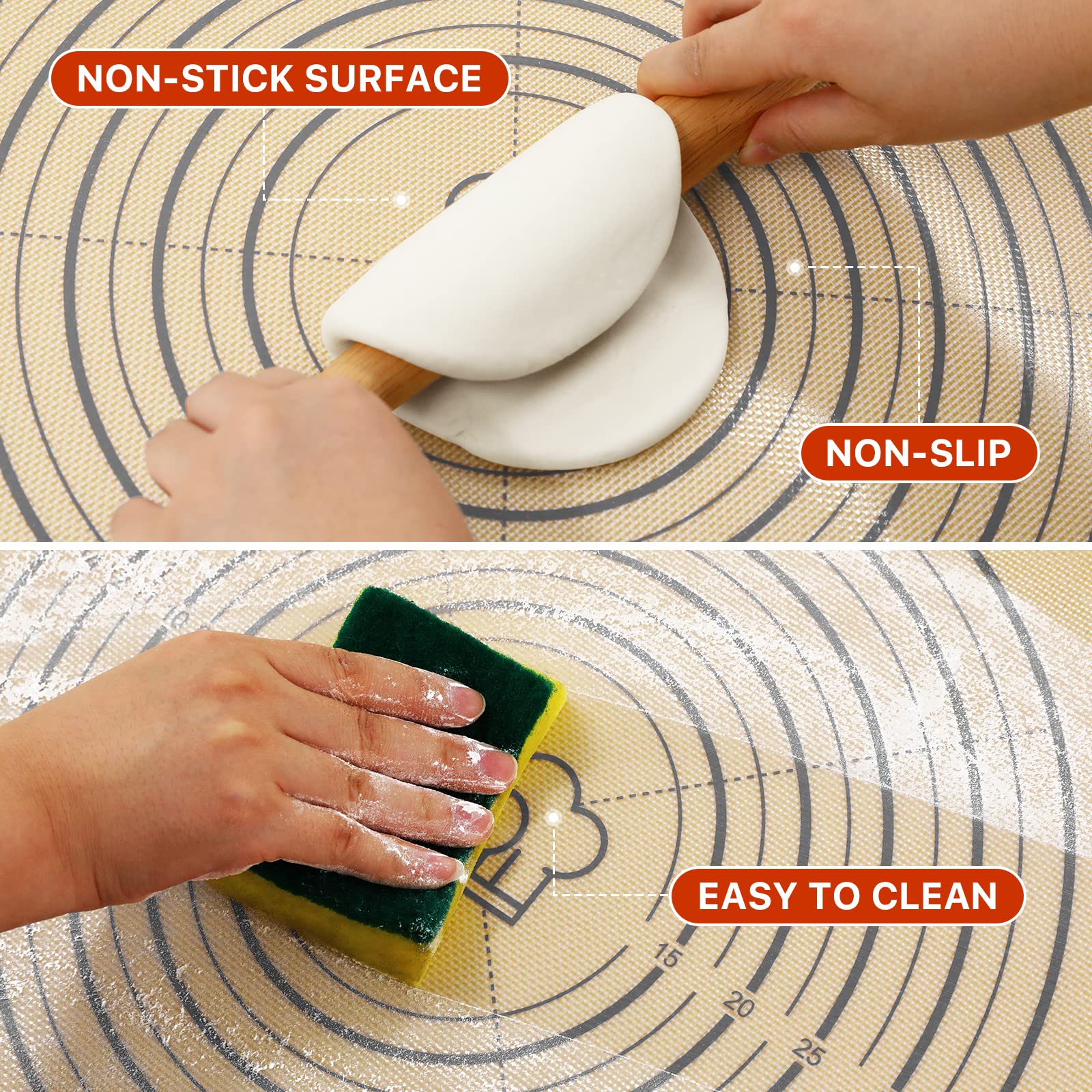 DANIA and DEAN baking mat features anti-slip bottom to keep dough in place.