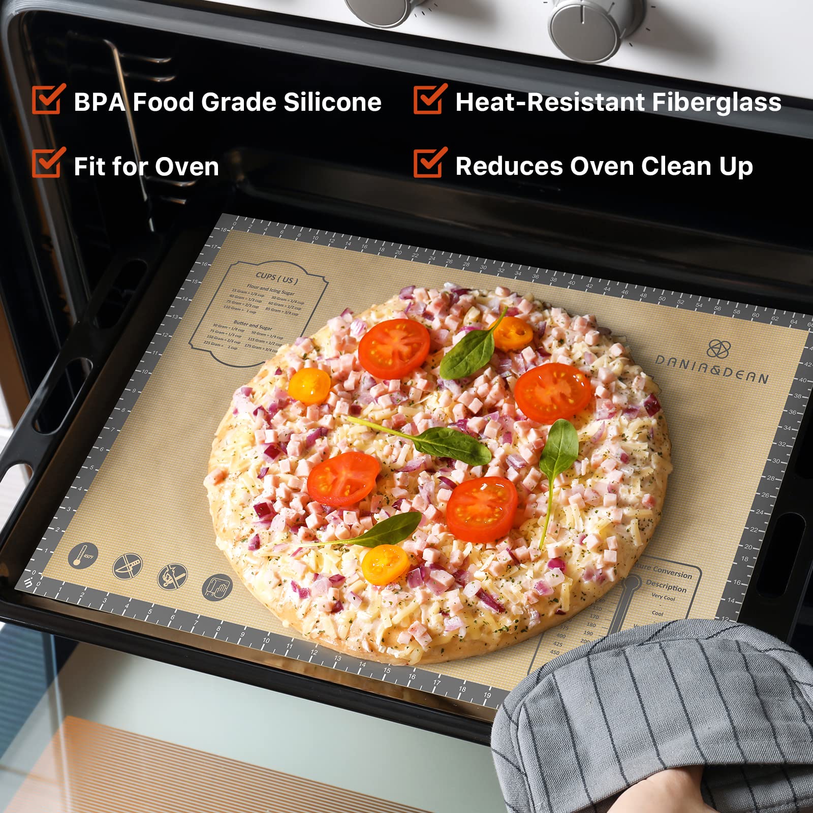 DANIA and DEAN baking mat showing double thickness for durable, wrinkle-free prep.