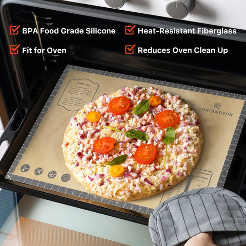 DANIA and DEAN baking mat showing double thickness for durable, wrinkle-free prep.