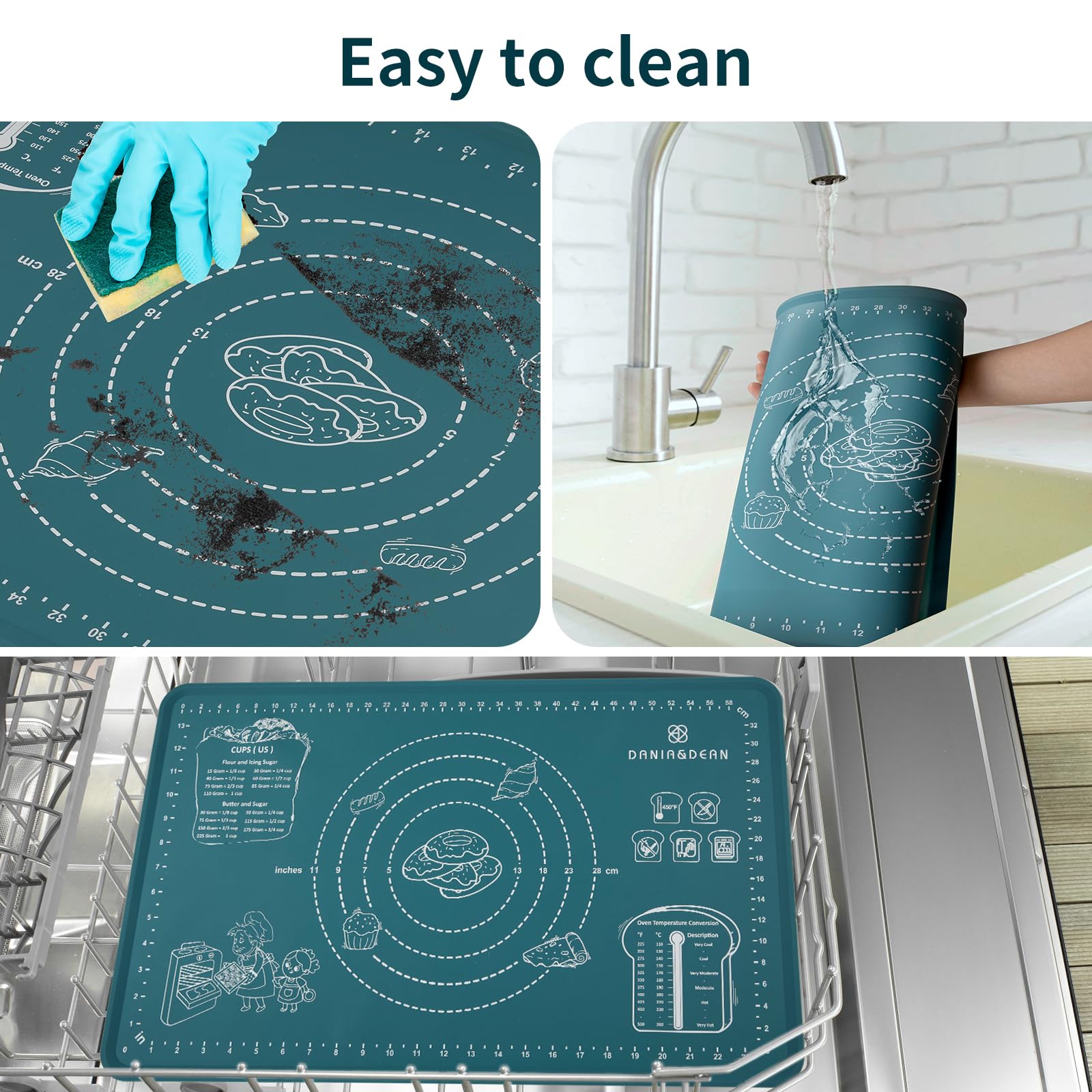 DANIA & DEAN dough mat shows metric and inch scales with circle guides.